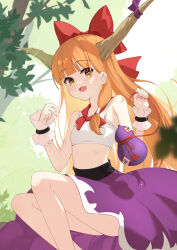 Rule 34 | 1girl, blunt bangs, blush, bow, bowtie, brown horns, commentary request, fang, feet out of frame, fingernails, flat chest, gourd, hair bow, highres, horn bow, horn ornament, horns, ibuki suika, long hair, looking at viewer, medium bangs, midriff, navel, oeyama, open mouth, orange eyes, orange hair, pink nails, purple bow, purple skirt, red bow, red bowtie, single sidelock, skirt, smile, solo, tank top, touhou, tree, very long hair, white tank top, wrist cuffs