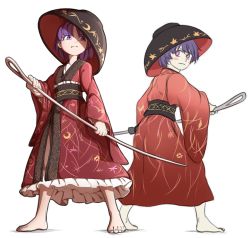 Rule 34 | 1girl, artist progress, barefoot, blush stickers, bowl, bowl hat, commentary, crescent, floral print, frills, from behind, frown, hat, holding, holding needle, holding weapon, japanese clothes, kimono, leaf print, long sleeves, looking back, mefomefo, needle, obi, purple eyes, purple hair, redrawn, sash, sewing needle, short hair, simple background, sukuna shinmyoumaru, touhou, weapon, white background, wide sleeves