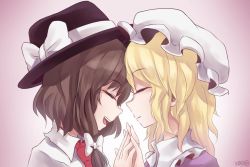 Rule 34 | 2girls, blonde hair, bow, brown hair, dress, closed eyes, fuente, hair bow, hands together, hat, long hair, maribel hearn, md5 mismatch, multiple girls, open mouth, resized, ribbon, short hair, smile, touhou, usami renko