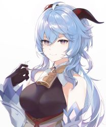 Rule 34 | 1girl, ahoge, bad id, bad pixiv id, bare shoulders, black gloves, blue hair, breasts, commentary request, cowbell, detached sleeves, ganyu (genshin impact), genshin impact, gloves, hair between eyes, hand up, highres, horns, long hair, long sleeves, looking at viewer, medium breasts, purple eyes, saibe, simple background, smile, solo, upper body, white background