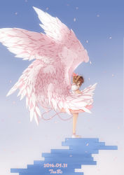 Rule 34 | 10s, 1990s (style), 1girl, 2016, absurdres, antenna hair, artist name, blue background, brown hair, cardcaptor sakura, closed eyes, dated, dress, feathered wings, from side, full body, gradient background, hair ribbon, highres, kinomoto sakura, large wings, multiple wings, own hands together, petals, pink ribbon, pink wings, purple background, retro artstyle, ribbon, shoes, short hair, simple background, solo, stairs, standing, white footwear, white wings, wings, yibu (kuroneko0622)