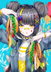 Rule 34 | 1girl, :p, absurdres, arms up, backpack, bag, bandaid, black hair, blonde hair, blue background, breasts, burger, cheese, choker, cucumber, cucumber slice, cup, double bun, drink, drinking straw, fast food, food, food focus, french fries, hair bun, heart, highres, holding, holding food, lettuce, looking at viewer, medium breasts, medium hair, multicolored hair, original, solo, star (symbol), takemura kou, tomato, tongue, tongue out, yellow choker, yellow eyes