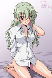 Rule 34 | 1girl, anchovy (girls und panzer), artist name, bare legs, barefoot, bed sheet, blush, bottomless, breasts, cleavage, closed mouth, collarbone, collared shirt, dress shirt, girls und panzer, gradient background, grey background, grey hair, hair between eyes, hand in own hair, kneeling, long hair, looking at viewer, matsui yasutsugu, naked shirt, partially unbuttoned, red eyes, shiny skin, shirt, small breasts, smile, solo, white shirt, wing collar