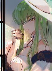 Rule 34 | 1girl, bare shoulders, c.c., code geass, creayus, detached collar, detached sleeves, dress, flower, from side, fur-trimmed sleeves, fur trim, green hair, hat, holding, holding flower, long hair, long sleeves, looking at viewer, looking to the side, parted lips, sketch, smile, solo, strapless, strapless dress, upper body, white dress, white hat, yellow eyes