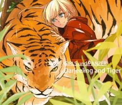 Rule 34 | 10s, 1girl, asuka (junerabitts), bad id, bad pixiv id, blonde hair, blue eyes, character name, closed mouth, copyright name, darjeeling (girls und panzer), english text, girls und panzer, jacket, kneeling, light smile, looking at another, lowres, military, military uniform, red jacket, short hair, tiger, uniform