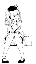 Rule 34 | 1girl, alternate costume, bag, beret, blazer, covering face, full body, greyscale, hand on own chin, hat, highres, jacket, kantai collection, kashima (kancolle), lineart, long sleeves, mary janes, monochrome, shoes, shopping bag, sitting, solo, tomohiro kai, tsurime, twintails, wavy hair