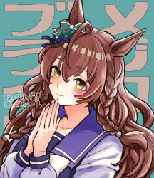 Rule 34 | 1girl, ahoge, animal ears, blue background, blush, bow, braid, brown hair, character name, closed mouth, commentary request, ear bow, ear ornament, hi (ibisf5umauma), horse ears, horse girl, long hair, long sleeves, looking at viewer, mejiro bright (umamusume), own hands together, sailor collar, school uniform, simple background, smile, solo, tracen school uniform, twitter username, umamusume, white bow, yellow eyes