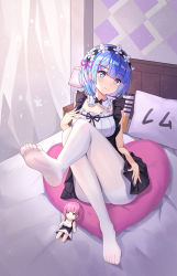 Rule 34 | 1girl, absurdres, bare arms, bed, black dress, blue eyes, blue hair, blue nails, breasts, character doll, dress, feet, female focus, hair ornament, hair ribbon, head tilt, heart, heart-shaped pillow, highres, indoors, knees up, lamp, looking at viewer, maid headdress, matching hair/eyes, medium breasts, nail polish, no shoes, pantyhose, pillow, purple ribbon, ram (re:zero), re:zero kara hajimeru isekai seikatsu, rem (re:zero), ribbon, short dress, short hair, sitting, sleeveless, smile, solo, thighs, toes, white pantyhose, wuhepietiantian, x hair ornament
