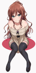 Rule 34 | 1girl, :3, abstract background, absurdres, arms between legs, bang dream!, belt, blush, boots, breasts, brown hair, cleavage, collarbone, dress, earrings, green eyes, hair between eyes, half updo, highres, imai lisa, jewelry, long hair, looking at viewer, noshimurin, off-shoulder dress, off shoulder, pendant, rabbit earrings, ribbed dress, sitting, sleeves past wrists, smile, solo, thigh boots, wavy hair