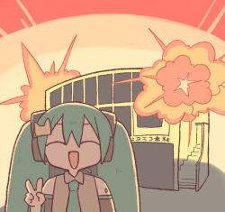 Rule 34 | 1girl, ^ ^, backlighting, blue hair, blue necktie, building, closed eyes, collared shirt, commentary request, detached sleeves, explosion, explosion gag, facing viewer, grey shirt, hair ornament, hand up, hatsune miku, headphones, necktie, niconico, niconico headquarters (harajuku), number tattoo, red background, shirt, shoulder tattoo, sleeveless, sleeveless shirt, smile, solo, t705gp, tattoo, twintails, upper body, v, vocaloid