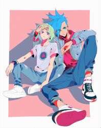 Rule 34 | 2boys, arm on knee, belt, black belt, black wristband, blue eyes, blue hair, blue jacket, bracelet, chenalii, closed mouth, commentary, couple, denim, earrings, full body, galo thymos, green hair, hand on another&#039;s head, hand on own leg, highres, hood, hoodie, jacket, jeans, jewelry, lio fotia, looking at viewer, male focus, mohawk, multiple boys, open clothes, open jacket, pants, pants rolled up, pink background, pink hoodie, print shirt, promare, purple eyes, raised eyebrow, shadow, shirt, shoes, short hair, short hair with long locks, side-by-side, sidelocks, simple background, single earring, sitting, sneakers, spiked hair, torn clothes, torn jacket, torn jeans, torn pants, triangle earrings, white footwear, white shirt, yaoi