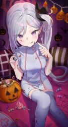 Rule 34 | 1girl, black scrunchie, blue archive, blush, breasts, candy, closed mouth, fingernails, food, grey hair, hair ornament, hair scrunchie, halloween, halloween costume, halo, highres, holding, holding syringe, jack-o&#039;-lantern, lollipop, loloco, long hair, looking at viewer, medium breasts, mutsuki (blue archive), nurse, pointy ears, purple eyes, red halo, scrunchie, side ponytail, smile, solo, syringe, thighhighs, tongue, tongue out, white thighhighs