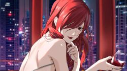 Rule 34 | 1girl, alcohol, backless outfit, bare shoulders, breasts, closed mouth, cup, drinking glass, hair between eyes, hair over one eye, highres, holding, holding cup, kirijou mitsuru, lips, lipstick, long hair, looking at viewer, makeup, persona, persona 3, red eyes, red hair, red lips, red wine, smile, solo, wanderstillart, wine, wine glass