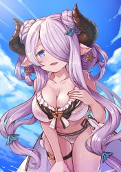 Rule 34 | 1girl, bare shoulders, bikini, blue eyes, blue sky, blush, braid, breasts, cleavage, collarbone, day, double bun, draph, earrings, granblue fantasy, hair ornament, hair over one eye, hand on own chest, highres, horns, jewelry, large breasts, leaning forward, light purple hair, long hair, looking at viewer, low tied hair, narmaya (granblue fantasy), narmaya (summer) (granblue fantasy), ocean, open mouth, pointy ears, shinori (efvbji6264), sky, smile, solo, sunlight, swimsuit, thigh strap, thighs, wading, white bikini