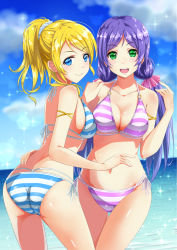 Rule 34 | 10s, 2girls, :d, ass, ayase eli, bikini, blonde hair, blue eyes, blush, breasts, cleavage, female focus, fukuma, green eyes, long hair, looking at viewer, love live!, love live! school idol festival, love live! school idol project, multiple girls, navel, open mouth, ponytail, purple hair, scrunchie, smile, striped bikini, striped clothes, swimsuit, tojo nozomi, twintails, yuri