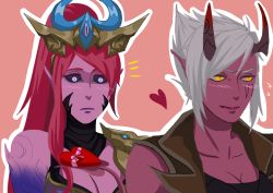 Rule 34 | 2girls, absurdres, alternate costume, black sclera, blush, breasts, caitlyn (league of legends), cleavage, colored sclera, colored skin, demon girl, demon horns, demon tail, demon vi, highres, horns, large breasts, league of legends, long hair, lunar wraith caitlyn, multiple girls, pink hair, pink skin, rouza vii, short hair, tail, valentine, vi (league of legends), yuri