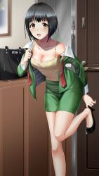 Rule 34 | 1girl, adjusting footwear, bag, black footwear, black hair, breasts, brown eyes, cleavage, collarbone, doukyuusei, doukyuusei another world, game cg, green jacket, green skirt, high heels, indoors, jacket, leg up, long sleeves, looking at viewer, medium breasts, miniskirt, necktie, off shoulder, official art, open clothes, open jacket, open mouth, pencil skirt, pumps, red neckwear, saitou ako, shiny skin, shirt, short hair, skirt, sleeveless, sleeveless shirt, solo, spaghetti strap, standing, standing on one leg, undone necktie, wet, wet hair, yellow shirt