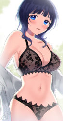Rule 34 | 1girl, absurdres, asaka karin, backlighting, black panties, blue eyes, blue hair, blush, bra, breasts, cleavage, collarbone, commission, curvy, film grain, highres, huge filesize, kazepana, lace, lace-trimmed bra, lace-trimmed panties, lace bra, lace panties, lace trim, large breasts, lingerie, looking at viewer, love live!, love live! nijigasaki high school idol club, mole, mole on collarbone, navel, open clothes, open shirt, panties, pixiv commission, shirt, simple background, solo, underwear, underwear only, white background