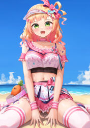 Rule 34 | 1girl, :d, absurdres, arm garter, bare shoulders, beach, between legs, blonde hair, blue sky, blush, bow, breasts, character doll, cheerleader, choker, clothes writing, commentary, crop top, crop top overhang, diagonal bangs, fang, frilled choker, frilled sash, frilled skirt, frills, full body, gradient hair, green eyes, hair ornament, hairclip, hand between legs, hat, heart, heart hair ornament, highres, hololive, layered skirt, long hair, looking at viewer, medium breasts, midriff, miniskirt, momosuzu nene, momosuzu nene (cheerleader), multicolored hair, navel, nekko (momosuzu nene), ocean, official alternate costume, official alternate hairstyle, one side up, open mouth, peach hat ornament, pink choker, pink hair, pink hat, pink sash, pink skirt, sash, sideways hat, single hair ring, sitting, skin fang, skirt, sky, smile, solo, star (symbol), star hair ornament, tank top, thighhighs, typho, v arms, virtual youtuber, visor cap, waist bow, wariza, white footwear, white tank top, white thighhighs, wrist cuffs