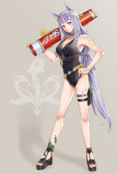 Rule 34 | 1girl, animal ears, bare shoulders, belt, black one-piece swimsuit, blunt bangs, commentary request, eyewear on head, full body, gold ship (run revolt launcher) (umamusume), gold ship (umamusume), grey hair, hand on own hip, highres, holster, holstered, horse ears, horse girl, horse tail, looking at viewer, nail polish, one-piece swimsuit, purple eyes, solo, sunglasses, swimsuit, tail, takanashi ringo, tattoo, thigh holster, toeless footwear, umamusume, water gun, yellow nails