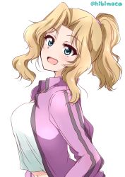 Rule 34 | 1girl, alternate hairstyle, blonde hair, blue eyes, casual, commentary, from side, girls und panzer, hair intakes, hair tie, hair up, head tilt, highres, jacket, kay (girls und panzer), kibimoka, long hair, looking at viewer, medium hair, one-hour drawing challenge, open clothes, open jacket, open mouth, pink jacket, ponytail, shirt, simple background, smile, solo, track jacket, twitter username, white background, white shirt