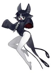 Rule 34 | 1girl, bare legs, barefoot, black eyes, black hair, black leotard, collar, copyright request, floating hair, groin, haiyahaiyohai, highres, leotard, looking at viewer, monster girl, open mouth, outstretched arms, sharp teeth, short hair, shub-niggurath, sideways mouth, simple background, sleeves past fingers, sleeves past wrists, solo, teeth, tentacle hair, tentacles, train (clothing), two-sided fabric, white background, wide sleeves, zombie pose