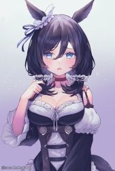 Rule 34 | 1girl, animal ears, black hair, blue eyes, blush, breasts, choker, cleavage, collarbone, commentary request, detached sleeves, dirndl, eishin flash (umamusume), german clothes, gradient background, highres, horse ears, horse girl, horse tail, large breasts, looking to the side, medium hair, open mouth, raised eyebrows, solo, suzuho hotaru, tail, twitter username, umamusume, upper body