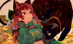 Rule 34 | 1girl, animal ears, black bow, black cat, bow, braid, brush stroke, cat, cat ears, closed mouth, collar, commentary request, dress, extra ears, flat chest, green dress, hair bow, hair ribbon, kaenbyou rin, long hair, long sleeves, looking at animal, lying, on back, one-hour drawing challenge, onion (onion and pi-natto), puffy long sleeves, puffy sleeves, red eyes, red hair, ribbon, solo, touhou, tress ribbon, twin braids, upper body