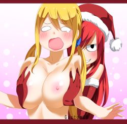 Rule 34 | 2girls, blonde hair, blush, breast press, breasts, erza scarlet, fairy tail, gaston18, gloves, hat, highres, huge breasts, large breasts, lucy heartfilia, multiple girls, nipples, open mouth, red hair, santa costume, santa hat, smile, twintails, yuri