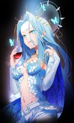 Rule 34 | akaike, alcohol, belt, black background, blue butterfly, blue eyes, blue hair, breasts, bug, butterfly, collarbone, commentary, commission, cup, drinking glass, english commentary, halo, highres, holding, holding cup, indie virtual youtuber, insect, long hair, medium breasts, monarch (amalee), navel, pants, parted lips, scales, second-party source, skeb commission, smile, solo, very long hair, virtual youtuber, white belt, white pants, wine, wine glass