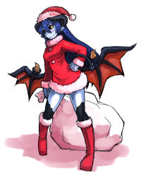 Rule 34 | 1girl, astaroth (shinrabanshou), black sclera, black thighhighs, blue hair, blue skin, blush, boots, colored sclera, colored skin, demon tail, dress, fur trim, hand on own hip, hat, hip focus, horns, knee boots, long hair, low wings, pointy ears, sack, santa costume, santa hat, shinrabanshou, slit pupils, solo, sweatdrop, tail, thighhighs, wings, yellow eyes, yu 65026