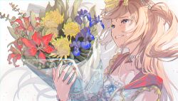 Rule 34 | 1girl, absurdres, agnes digital (umamusume), animal ears, blue eyes, blue flower, bouquet, brown hair, collarbone, dress, esubui, fingernails, flower, happy tears, highres, holding, holding bouquet, horse ears, long hair, multicolored nails, nail polish, open mouth, red flower, simple background, smile, solo, tears, two side up, umamusume, white background, white dress, yellow flower
