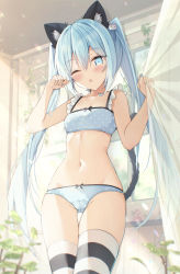Rule 34 | 1girl, ;o, animal ear fluff, animal ears, asymmetrical legwear, bare arms, bare shoulders, blue bra, blue eyes, blue hair, blue nails, blue panties, blush, bow, bow bra, bow panties, bra, breasts, cameltoe, cat ears, cat girl, cat hair ornament, cat tail, commentary request, curtain grab, curtains, gluteal fold, hair between eyes, hair ornament, hands up, highres, indoors, looking at viewer, nail polish, navel, one eye closed, original, panties, parted lips, polka dot, polka dot bra, polka dot panties, saeki sora, small breasts, solo, standing, striped clothes, striped thighhighs, tail, thighhighs, transparent, twintails, underwear, underwear only