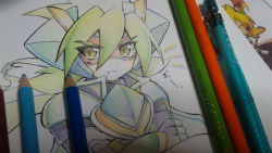 Rule 34 | armor, crayon (medium), crossed arms, fingerless gloves, gloves, goggles, green armor, green eyes, green hair, looking at viewer, photo (medium), pout, rento (rukeai), saikyou ginga ultimate zero ~battle spirits~, solo, spiked hair, traditional media, zero the hurricane