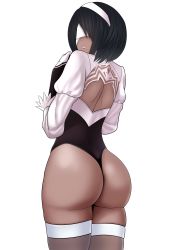 Rule 34 | 1girl, absurdres, alternate color, alternate hair color, ass, back, back cutout, black hair, blindfold, clothing cutout, covered eyes, cropped legs, dark-skinned female, dark skin, feather-trimmed sleeves, hairband, highleg, highres, huge ass, leotard, looking at viewer, looking back, nier:automata, nier (series), parted lips, player 2, puffy sleeves, simple background, skindentation, solo, soul calibur, soulcalibur, soulcalibur vi, the only shoe, thick thighs, thighhighs, thighs, thong leotard, very dark skin, wedgie, white background, white thighhighs, 2b (nier:automata), 2p (nier:automata)