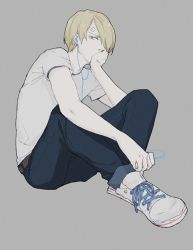 Rule 34 | 1boy, alternate costume, artist request, blonde hair, blue eyes, head rest, earbuds, full body, hair over one eye, headphones, indian style, male focus, one piece, sanji (one piece), shoes, short sleeves, simple background, sitting, sneakers, solo, source request
