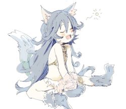 Rule 34 | 1girl, :d, animal ear fluff, animal ears, animal hands, bare shoulders, blue footwear, blue gloves, blue hair, blush, child, chromatic aberration, closed eyes, commentary request, dog ears, dog girl, dog tail, fang, fenrir (shingeki no bahamut), gloves, gorirago, granblue fantasy, hair between eyes, highres, long hair, open mouth, paw gloves, paw shoes, shadow, shingeki no bahamut, shoes, simple background, sitting, sketch, smile, solo, tail, very long hair, white background, wolf ears, wolf tail