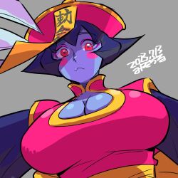 Rule 34 | 1girl, blue eyes, breasts, chinese clothes, claws, cleavage, close-up, jiangshi, large breasts, lei lei, looking down, misodiru, purple hair, red eyes, short hair, talisman, vampire (game)