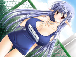 Rule 34 | 00s, 1girl, blue hair, breasts, dutch angle, covered erect nipples, game cg, huge breasts, long hair, nerine, one-piece swimsuit, outdoors, pointy ears, red eyes, school swimsuit, shuffle!, sky, solo, swimsuit, third-party edit