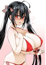 Rule 34 | 1girl, ahoge, asanagi, azur lane, bikini, black hair, blush, breasts, cleavage, collarbone, commentary request, front-tie bikini top, front-tie top, gradient background, hair between eyes, hair ribbon, hand on own chest, heavy breathing, highres, huge breasts, lips, long hair, looking at viewer, micro bikini, navel, nose blush, parted lips, red bikini, red eyes, ribbon, side-tie bikini bottom, smile, solo, swimsuit, taihou (azur lane), twintails, upper body, very long hair