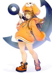 Rule 34 | 1girl, absurdres, anchor, backpack, bag, black gloves, black shorts, brown bag, brown hair, fingernails, gloves, guilty gear, guilty gear strive, hat, highres, holding, holding anchor, holding weapon, hood, hood down, hoodie, huge weapon, kin mokusei, long hair, may (guilty gear), open mouth, orange eyes, orange footwear, orange hat, orange hoodie, over shoulder, shorts, simple background, sleeves past wrists, smile, solo, standing, teeth, tongue, upper teeth only, weapon, weapon over shoulder, white background