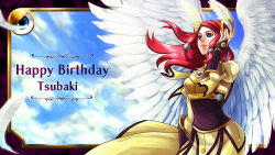 Rule 34 | 1girl, angel wings, arc system works, blazblue, blazblue: continuum shift, blue eyes, feathers, female focus, halo, happy birthday, head wings, long hair, official art, outdoors, red hair, sky, solo, tsubaki yayoi, wings