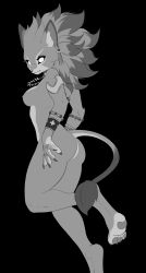 Rule 34 | 1girl, absurdres, alternate form, animal ears, armlet, ass, black sclera, bracelet, breasts, cat ears, cat girl, cat tail, claws, colored sclera, earrings, fangs, from behind, furry, greyscale, haaru, highres, isabella (seiken densetsu 3), jewelry, monochrome, multicolored hair, necklace, nipples, ring, seiken densetsu, seiken densetsu 3, slit pupils, tail, two-tone hair