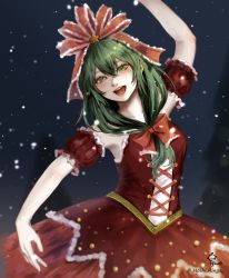 Rule 34 | 1girl, adapted costume, arm ribbon, artist name, ballet, blurry, christmas, corset, dark, depth of field, detached sleeves, dress, embellished costume, frilled ribbon, frills, front ponytail, green eyes, green hair, hair between eyes, hair ribbon, highres, hoshiringo0902, kagiyama hina, lips, long hair, looking at viewer, open mouth, red dress, red ribbon, ribbon, short sleeves, signature, snow, snowing, solo, star (symbol), teeth, touhou, winter