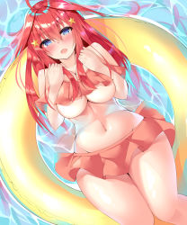 Rule 34 | 1girl, :o, absurdres, ahoge, bare legs, bikini, blue eyes, blush, breasts, cleavage, collarbone, commentary request, feet out of frame, floating, frilled bikini, frills, from above, go-toubun no hanayome, highres, innertube, large breasts, long hair, micosiva, nakano itsuki, navel, open mouth, red bikini, red hair, sidelocks, solo, swim ring, swimsuit, thighs, underboob, water
