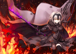Rule 34 | 1girl, ahoge, armor, armored dress, black thighhighs, blonde hair, breasts, cape, fate/grand order, fate (series), fire, flag, fur trim, gabiran, gauntlets, gloves, headpiece, holding, holding sword, holding weapon, jeanne d&#039;arc (fate), jeanne d&#039;arc alter (avenger) (fate), jeanne d&#039;arc alter (avenger) (first ascension) (fate), jeanne d&#039;arc alter (fate), looking at viewer, medium breasts, outstretched arms, parted lips, short hair, solo, sword, teeth, thighhighs, weapon, yellow eyes