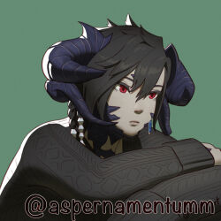 Rule 34 | au ra, black hair, black sweater, colored skin, commentary, commissioner name, dragon horns, english commentary, expressionless, eyebrows hidden by hair, final fantasy, final fantasy xiv, grey skin, highres, horns, koffo-art, red eyes, ribbed sweater, scales, sweater, warrior of light (ff14)