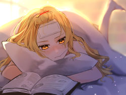 Rule 34 | 1girl, artist name, bangs pinned back, blanket, blonde hair, blurry, blurry background, blush, book, closed mouth, cold pack, fever, forehead, glowing, glowing eyes, hair ornament, hairpin, half-closed eyes, head rest, hexagram, highres, indoors, jill 07km, kirisame marisa, leg up, light particles, liquid-in-glass thermometer, long hair, lying, magic circle, mouth hold, nose blush, hugging object, on bed, on stomach, open book, pentagram, pillow, pillow hug, reading, sick, solo, thermometer, touhou, under covers, yellow eyes