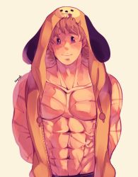 Rule 34 | 1boy, abs, addy (@vegeebs), animal costume, bare pectorals, bare shoulders, blonde hair, blue eyes, blush, boku no hero academia, dog costume, highres, looking at viewer, male focus, muscular, muscular male, navel, nipples, pectorals, scar, scar on arm, scar on chest, short hair, sleeveless, sleeveless jacket, smile, solo, stomach, togata mirio, upper body