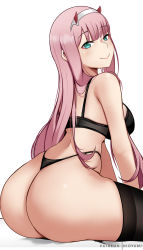 Rule 34 | 1girl, absurdres, ass, bare shoulders, blush, bra, breasts, darling in the franxx, from behind, green eyes, hairband, highres, hioyami, horns, huge ass, large breasts, long hair, looking at viewer, pink hair, shiny skin, sideboob, smile, solo, thighhighs, thong, underwear, very long hair, white background, zero two (darling in the franxx)